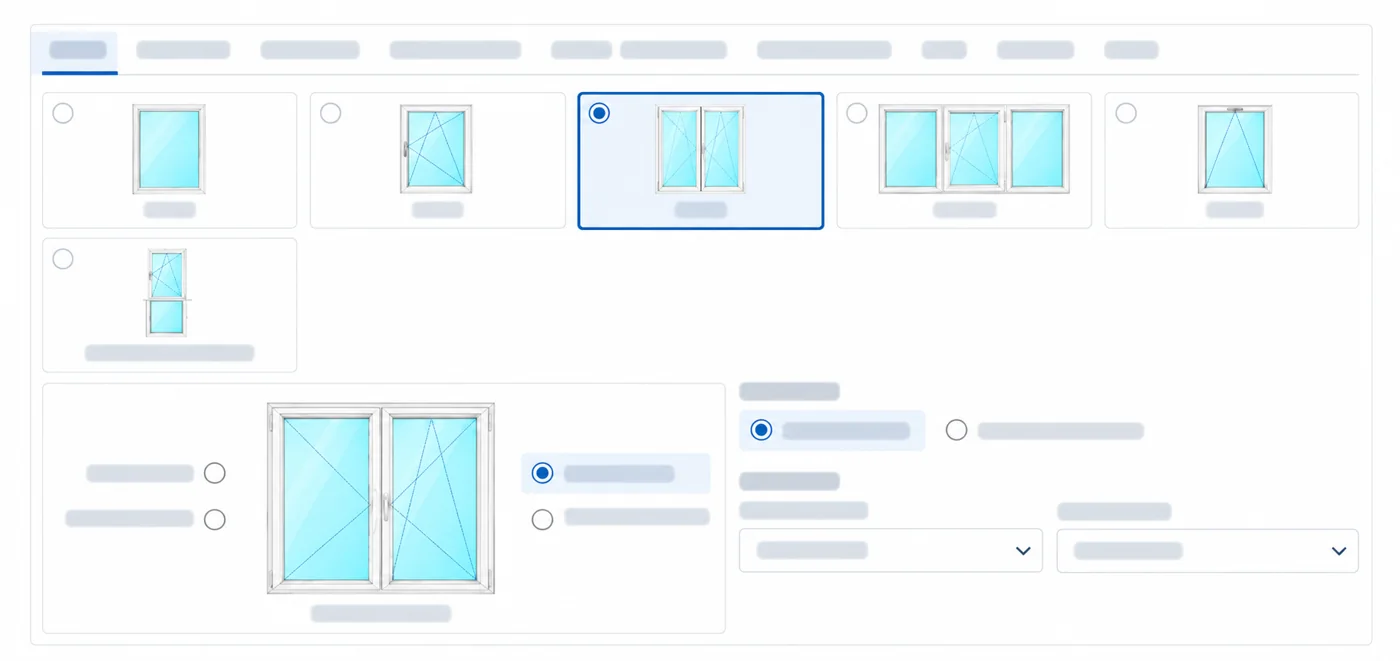 Anteprima protetta del configuratore serramenti FAR-EST: tipologie e configurazione visiva della finestra
