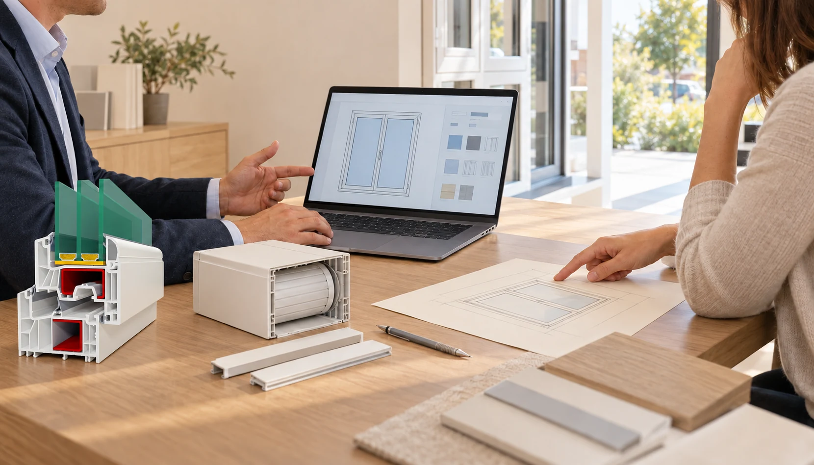 Illustrazione di una consulenza in showroom con laptop e campione di profilo Salamander greenEvolution dalla gamma FAR-EST