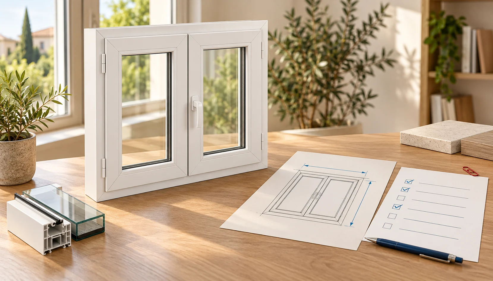 Illustrazione di una finestra in PVC con disegno quotato e checklist per preparare una richiesta di preventivo
